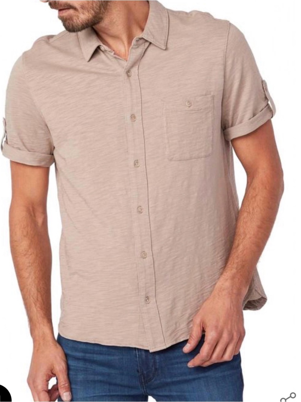 PAIGE Brayden Short Sleeve Roll Tab Button-Down Shirt in Vanilla Buff